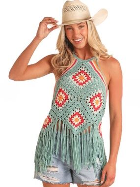 Rock & Roll Denim Halter Top Women's XXL Crochet Fringe Turquoise Western
